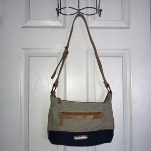 Stone Mountain Shoulder Bag Tan Canvas Navy.  12L x 8H x 3.5W